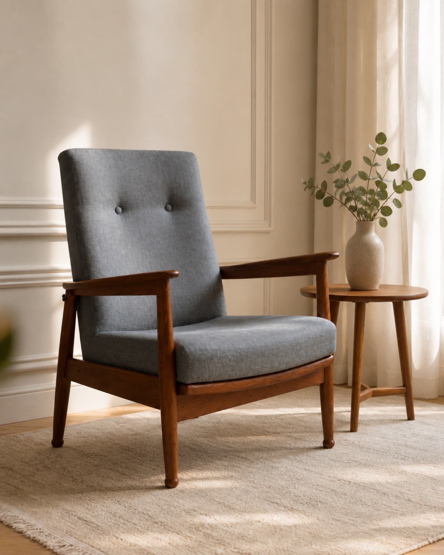 A quiet mid-century chair and side table in warm office light.